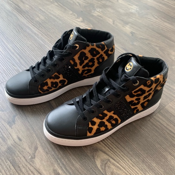 New Michael Kors Size 7 Leopard Leather Chapman Embellished High Top Sneakers - Picture 1 of 7